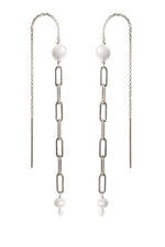 Mae Paperclip Chain and Pearl Threader Earrings in Silver