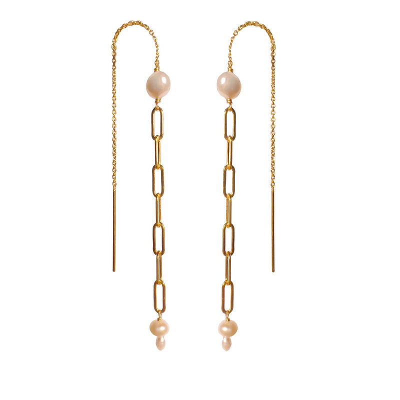 Mae Paperclip Chain and Pearl Threader Earrings in Gold