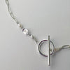 Billie necklace - silver paper clip chain with toggle clasp and pearl accents and astor & Orion logo tag